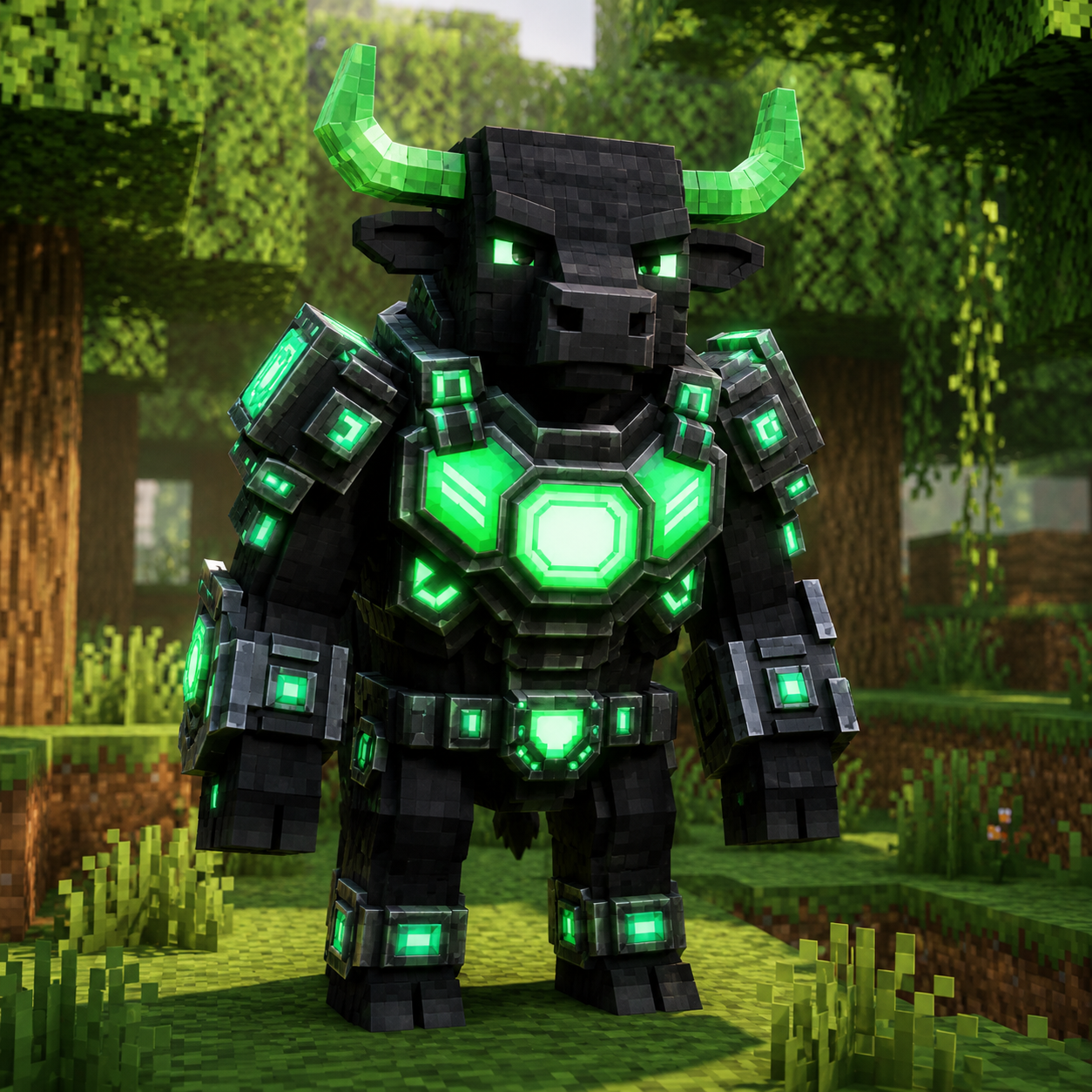 Bullbot, the emerald-plated bull guardian standing in a Minecraft forest